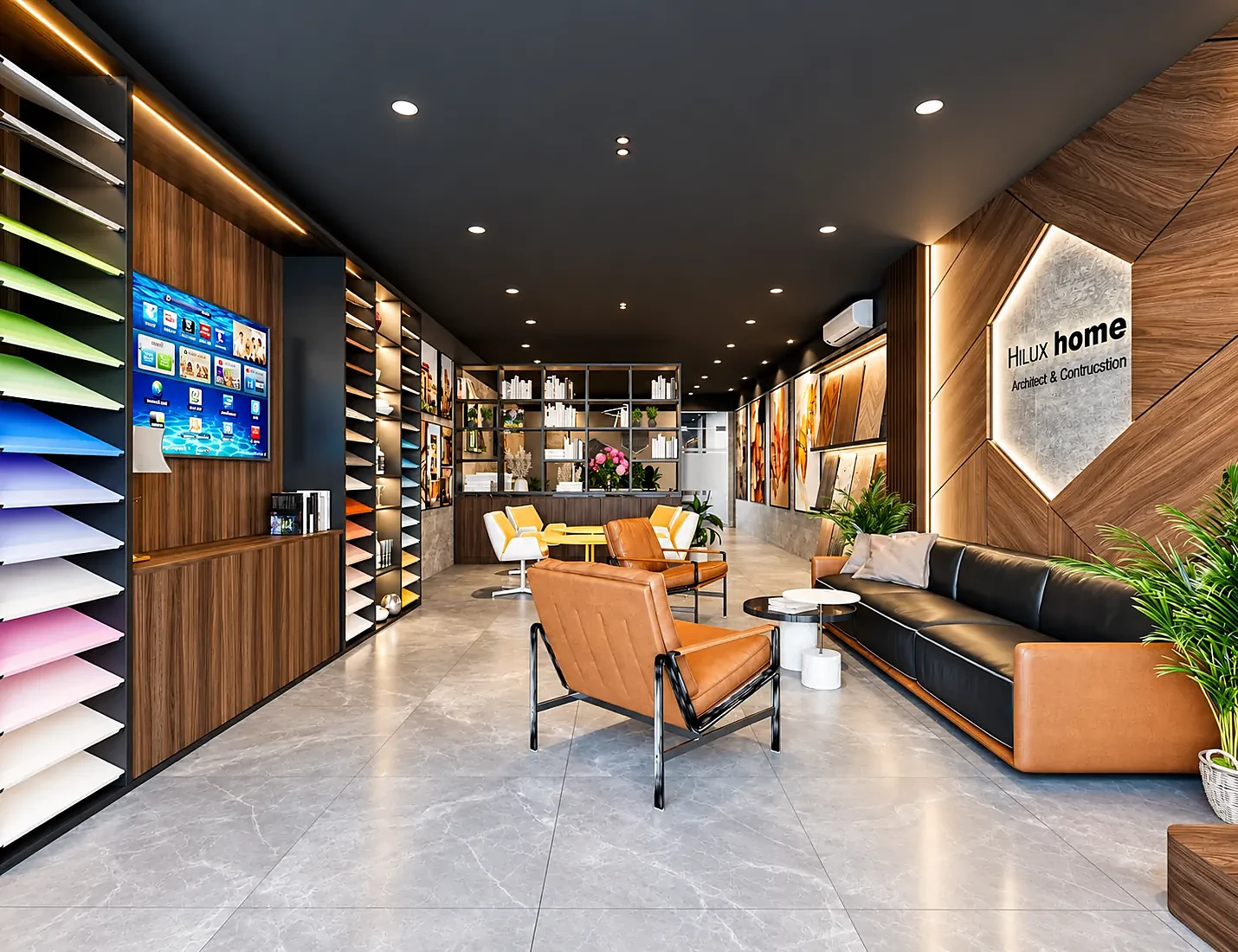 Showroom vật liệu và khu tiếp khách tại văn phòng Hiluxhome