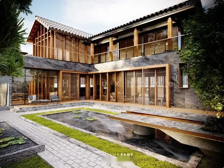 Mẫu mái nhật ốp gỗ, hồ cá